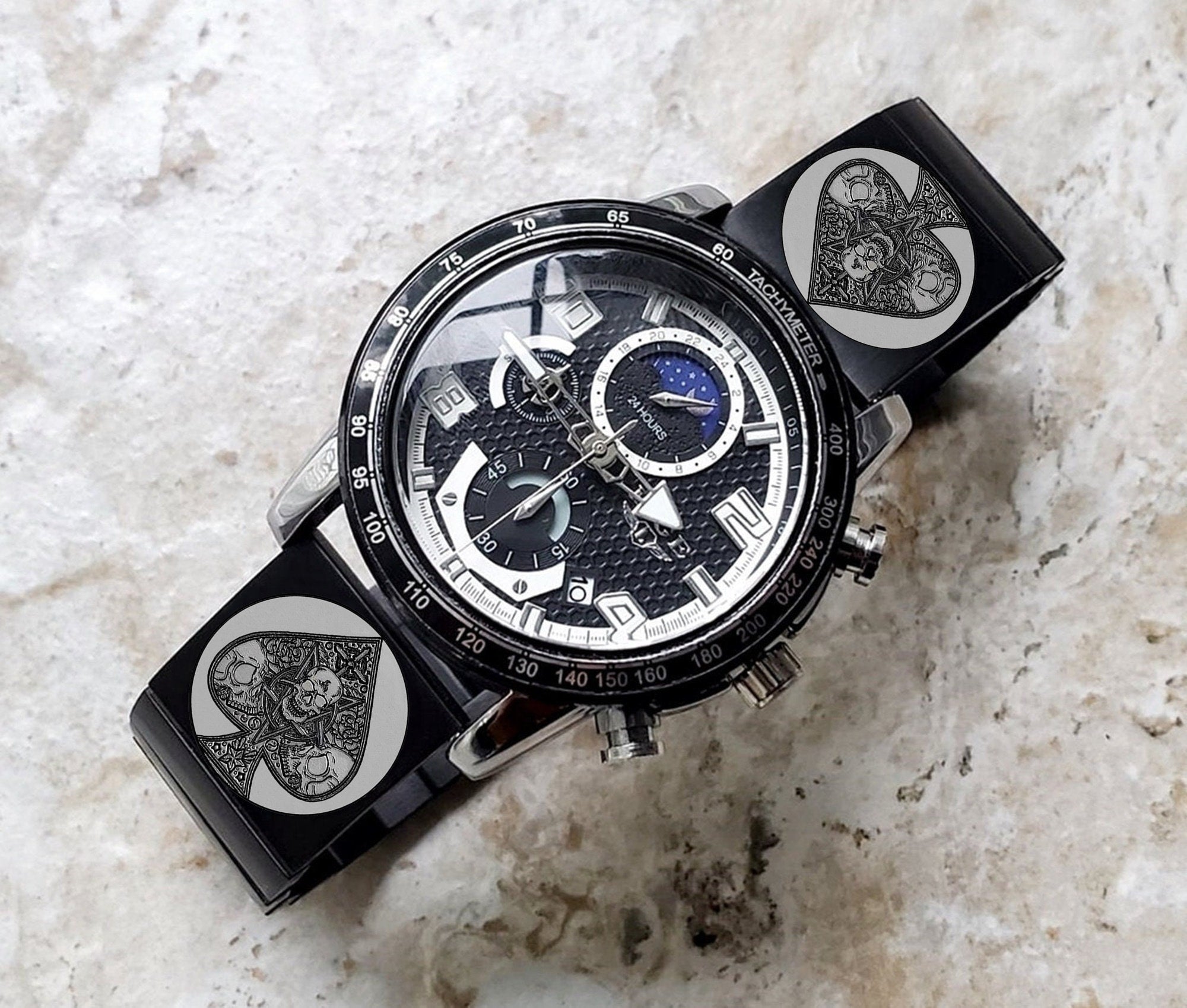 22mm Width Lugs Watch Band Ace of Spades for Traditional Casual Luxury and Smartwatches Engraved Black Stainless Steel Strap AS2